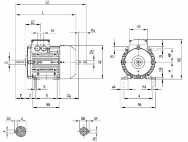 Габаритные и присоединительные размеры электродвигателя 1LA9 с 100 по 160 габарит (IMB3-лапы)
